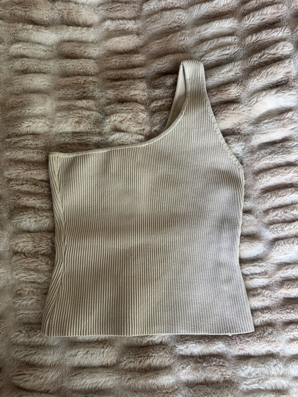 One Shoulder Babaton Neutral Ribbed Knit Top - Beige